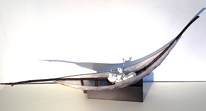 GROUNDLESS II   Vesna Breznikar  18&quot; H x 26&quot;W  willow, parchment, bronze wire, plaster over found objects