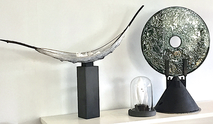 GROUPING  Vesna Breznikar  Groundless II on stand, leaf under glass, antique mirror Bi-Heaven and Earth on vintage mold