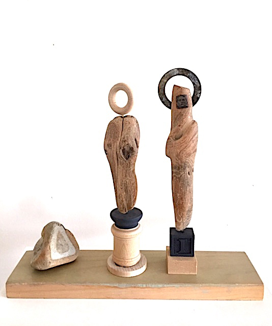 TWO SAINTS AND A ROCK  Vesna Breznikar  11&quot;H x 12&quot;W driftwood, rock, found objects