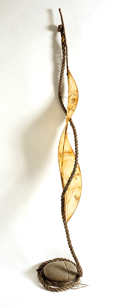 HELD 2019 Vesna Breznikar   13W x 78H x 13D  Willow branches, parchment, bronze wire, shellac, paint, rope and river rock